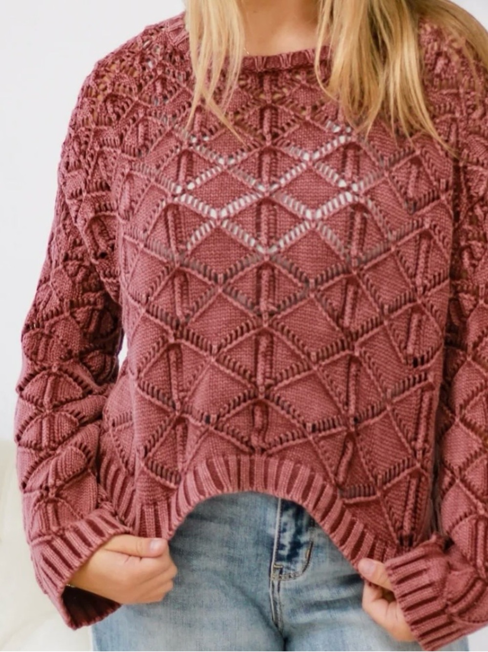 eesome Dusty Rose Open-Knit Crewneck Sweater Size L NWT